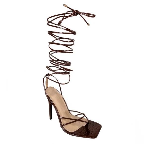 NEW Azalea Wang Gladiator Wrap Leg Heeled Sandals Open Toe Croc Brown sz 8.5 - Picture 2 of 5